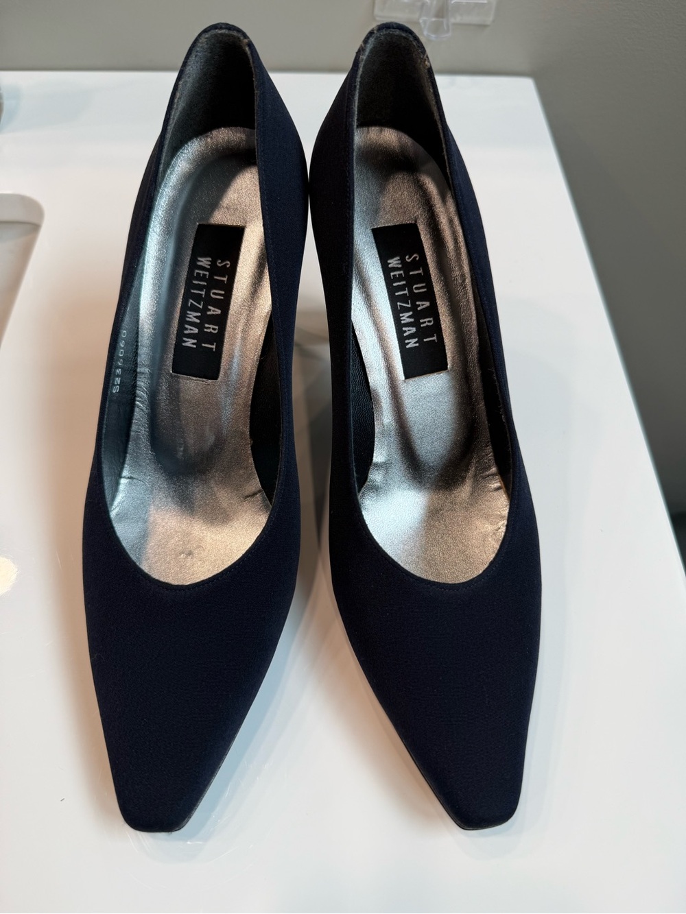 Stuart Weitzman Navy Pointed-Toe Satin Pumps